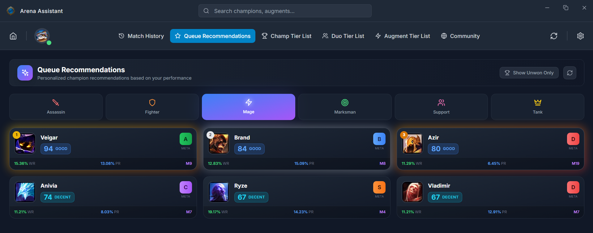 Arena champion recommendations during champion select